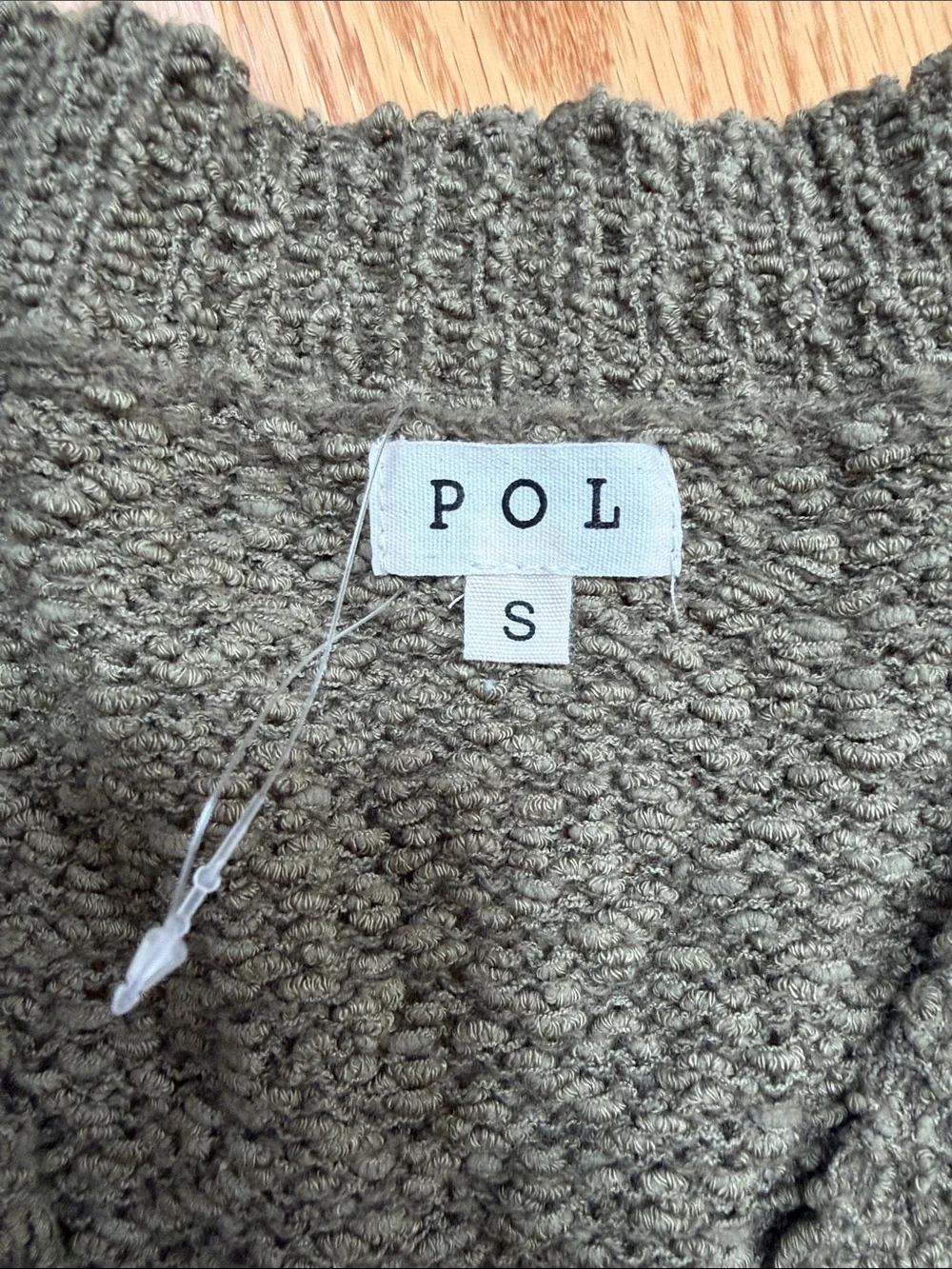 POL Size S Olive Green V-Neck Fringe Sweater with Bead and rhinestone Accent